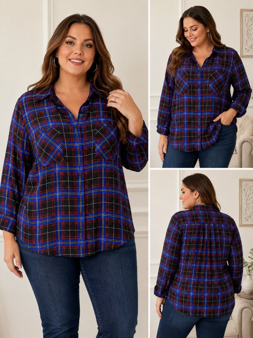 Torrid 4X Plaid Madison Georgette Button Down Blouse Blue Burgundy Size 26